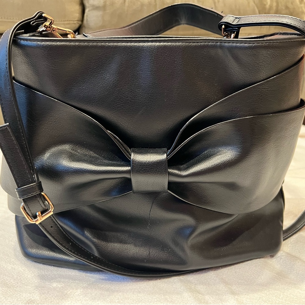 Betsey Johnson Shoulder Bag, Black Leather with Front Bow